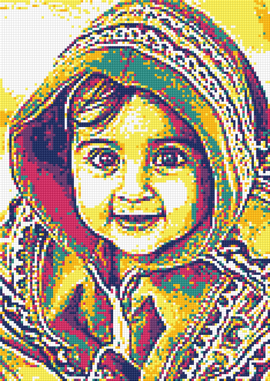 A colorful pixelated portrait of a smiling child wearing a patterned headscarf, rendered in yellow, red, green, blue, and black tones.